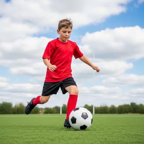 Young Boy Playing Football with Enthusiasm in Green Field