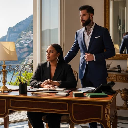 Luxurious Plus-Size Black Woman and Handsome Husband in Amalfi Coast Villa