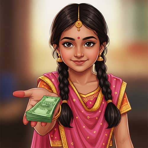 Young Indian Girl Symbolizing Generosity | Currency Bills