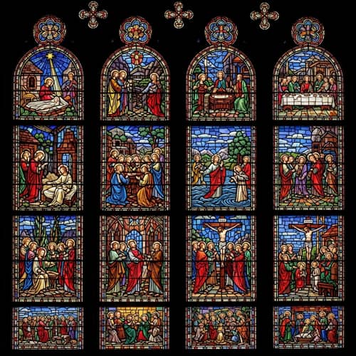Stained Glass Window Illustration depicting Scenes from the Life of Jesus