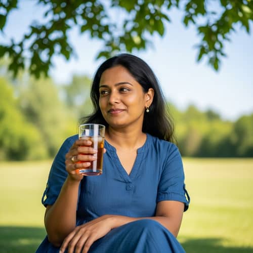 Refreshed South Asian Woman Enjoying Iced Tea Outdoors