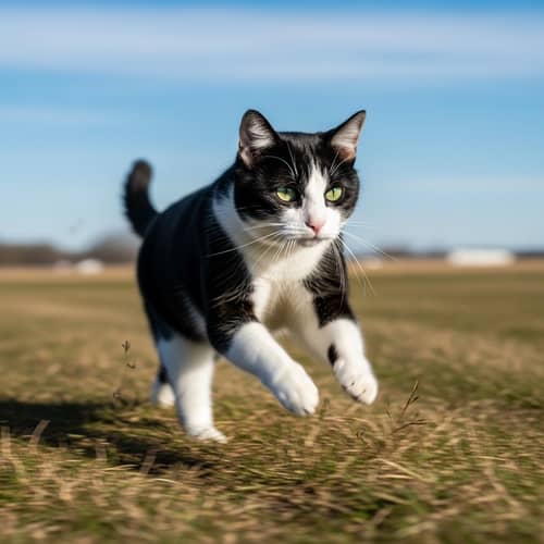 Energetic Black and White Domestic Cat Running Ever So Swiftly