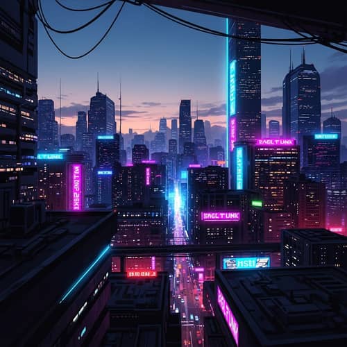 Futuristic Cyberpunk Cityscape at Dusk