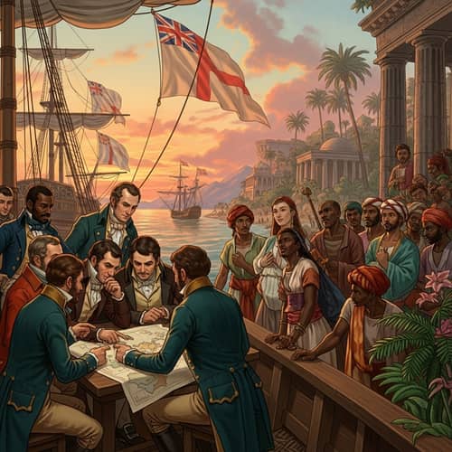 Victorian Era Imperialism Scene with Ship, Flags & Local Observers