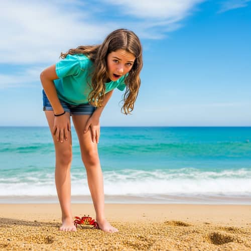 Surprised Teenage Girl at Beach with Curious Crab
