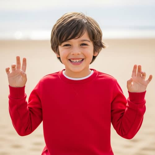 Excited 8-Year-Old Boy in Vibrant Red Jumper | Joyful Kid