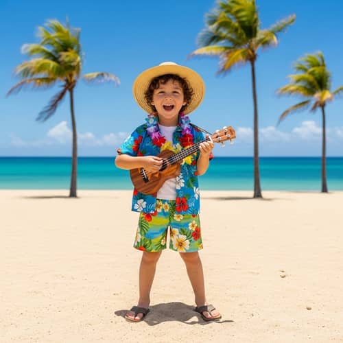 Young Boy in Hawaiian Outfit Playing Ukulele on Sandy Beach