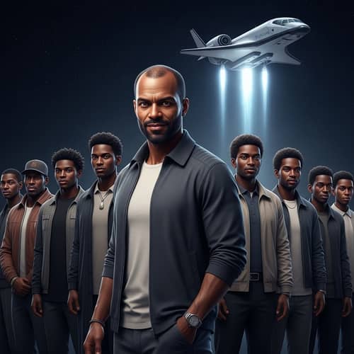 Diverse Group of Men with Futuristic Spacecraft - Modern Casual Attire