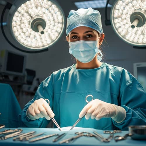 Expert South Asian Female Surgeon in Modern Operating Theatre