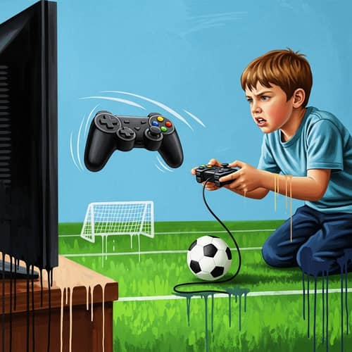 Frustrated Young Boy Playing Abstract Soccer Video Game