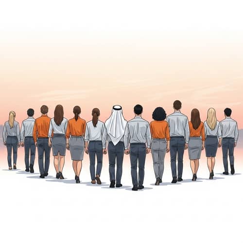 Diverse Group of Orange and Grey Dressed Bankers Walking Towards Dawn
