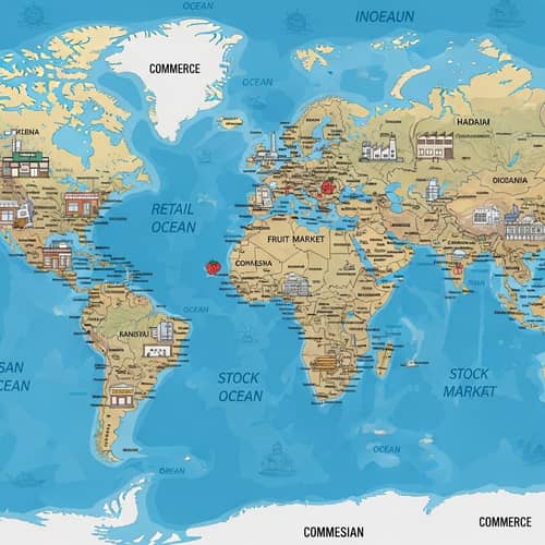 World Map with Commerce Symbols | Global Navigation Illustration