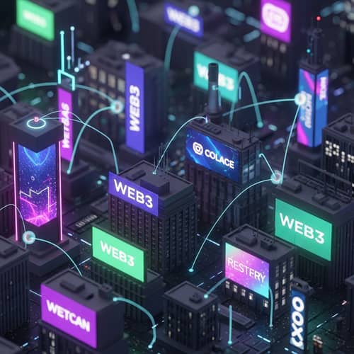 Web3 Domains Shift: Futuristic Cityscape with High-Tech Branding