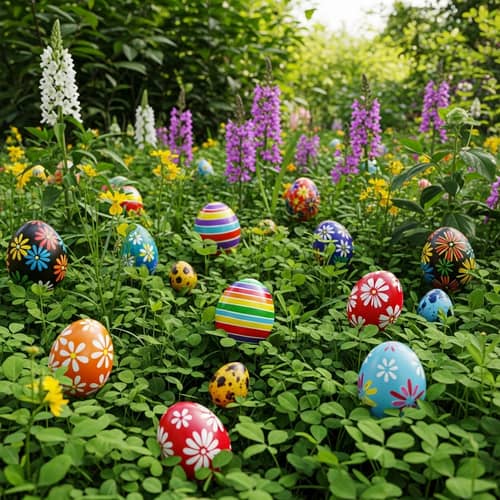 Vibrant Easter Eggs in Lush Garden - Hidden Botanical Treasures