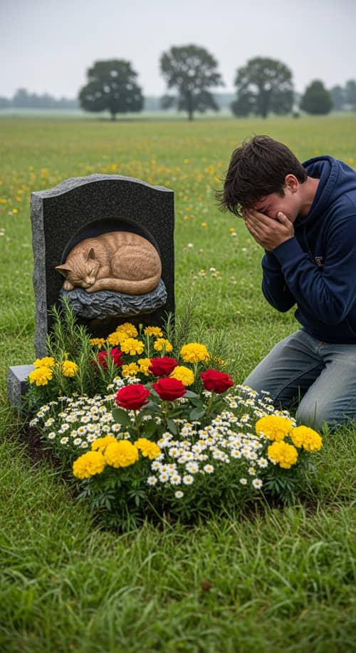 Ginger Cat Gravesite: Realistic Scene with Boy Weeping