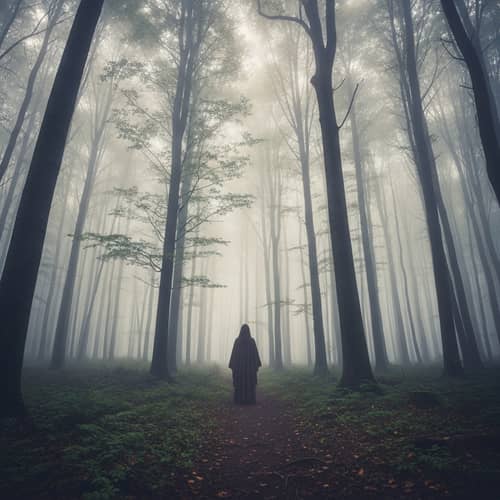 Mystical Forest: Cloaked Figure Emerging from Fog | Fantasy Scene