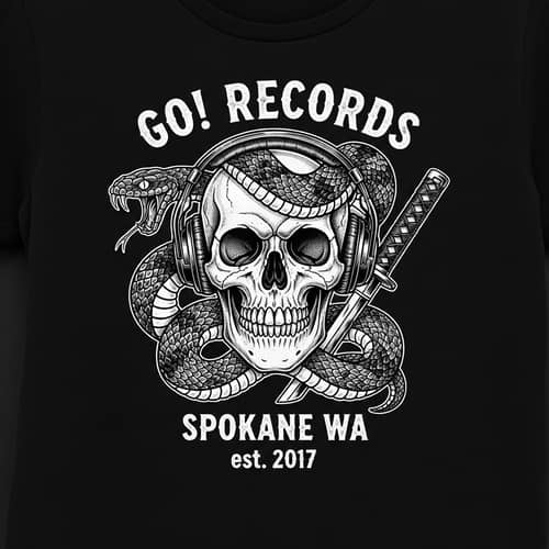 Dark Skull Headphones Snake T-Shirt Design - Go! Records