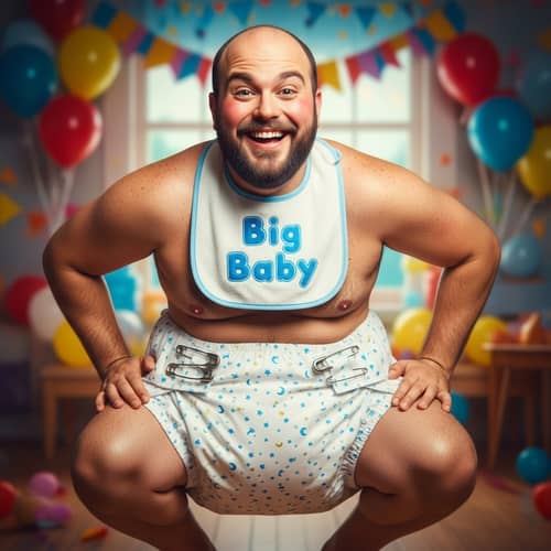 Cheerful Smiley Chubby Man in Fun Baby Diaper Costume
