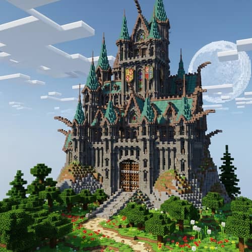 Gothic Castle on Hill with Copper Roofs in Minecraft 1.20