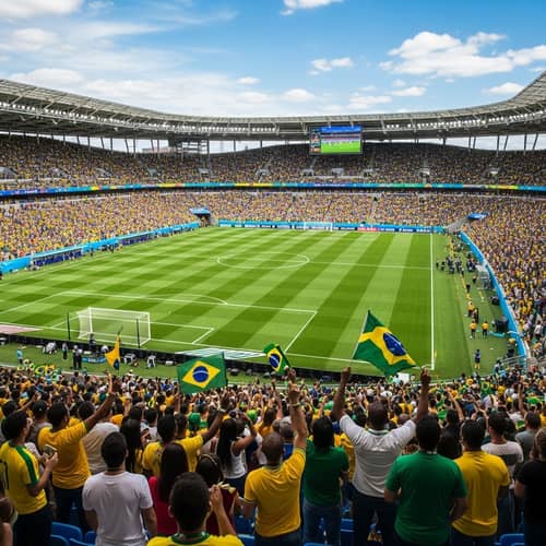 Vibrant Football Stadium in Brazil | Enthusiastic Crowd & Lush Green Field