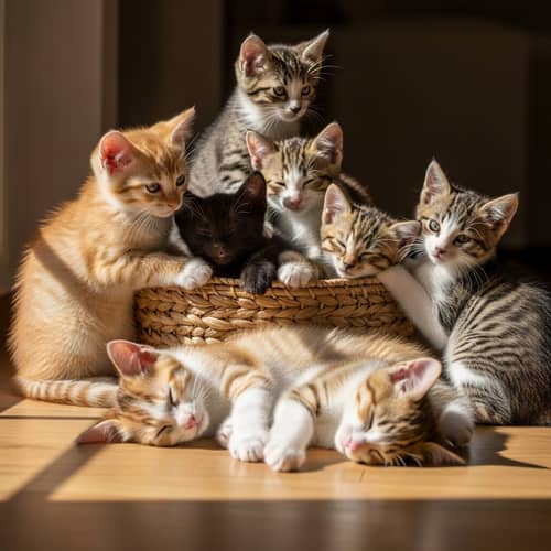 Adorable Kittens Playing and Snoozing in Cozy Basket