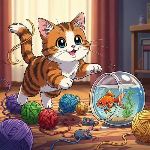 Cute Anime-Style Cat Ready to Leap | Vibrant Room Setting
