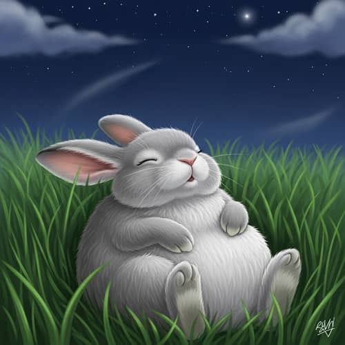 Plump Rabbit Sleeping peacefully under the Moon and Stars