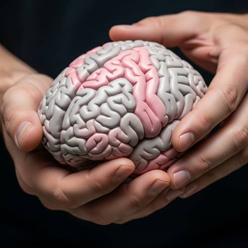 Male Hands Holding Female Brain Model