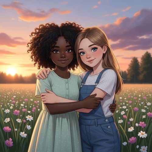 Heartfelt Friendship Moment in Wildflower Field | Best Friends Embrace
