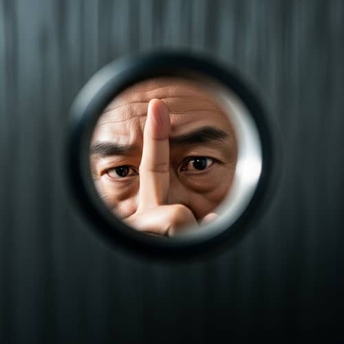 Asian Political Leader Peering Through Door Peephole
