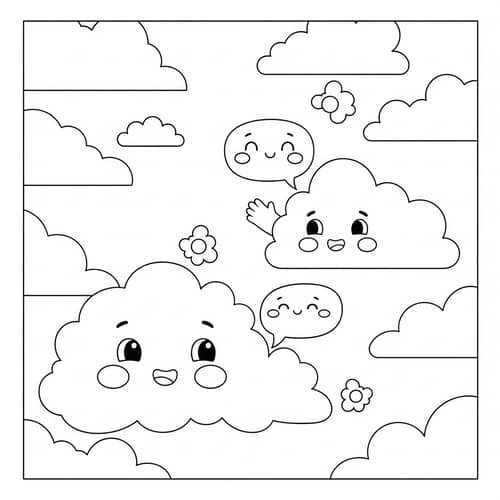 Enchanting Coloring Page with Whimsical Clouds for Kids