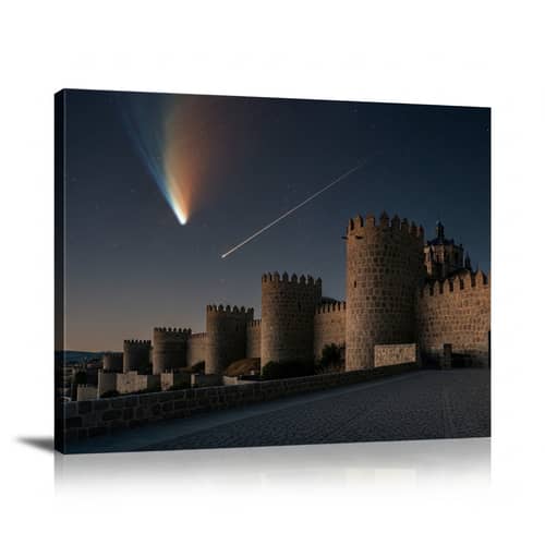 Meteorite over Ancient Avila: Celestial Glow in Night Sky
