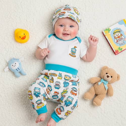 Adorable Baby in Colorful Outfit on Cloud-like Blanket