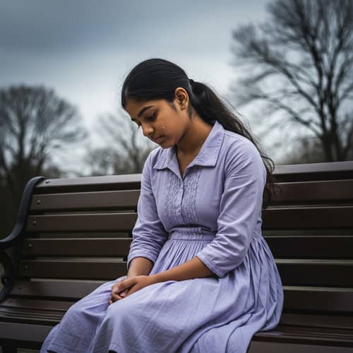 Melancholy South Asian Girl on Park Bench