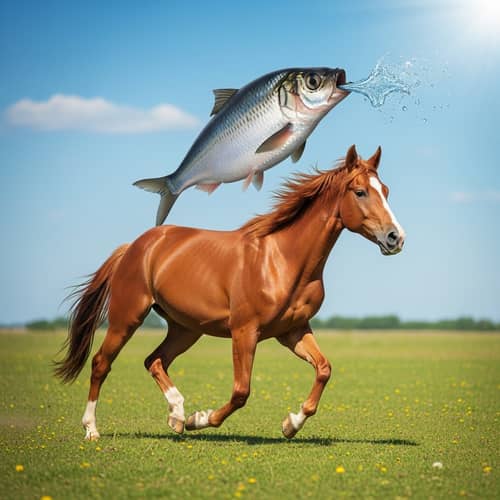 Whimsical Herring Riding Chestnut Horse Across Lush Field