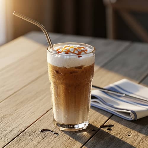 Refreshing Iced Coffee in Tall Glass with Metal Straw