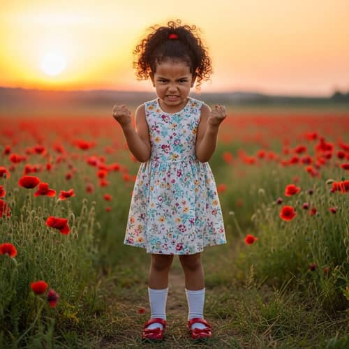 Frustrated Young Hispanic Girl in Poppy Field at Sunset