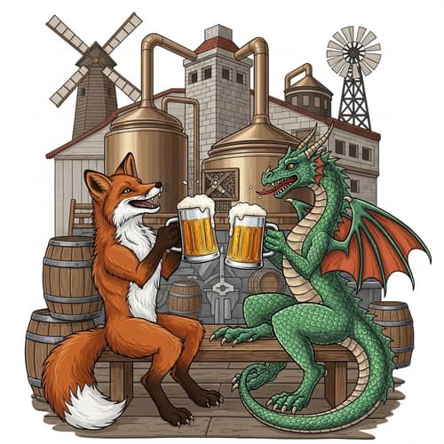 Brewery Coat of Arms: Fox and Dragon Enjoying Beer Together