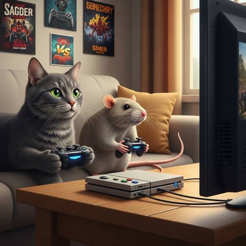 Cat and Rat Video Game Duo on a Cozy Couch