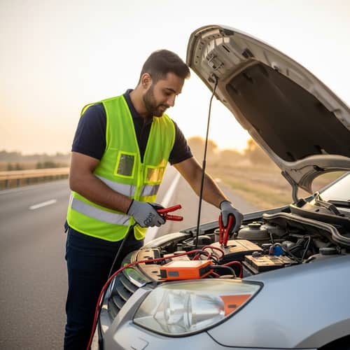 Professional Roadside Assistance: Middle Eastern Man Jumpstarting Car