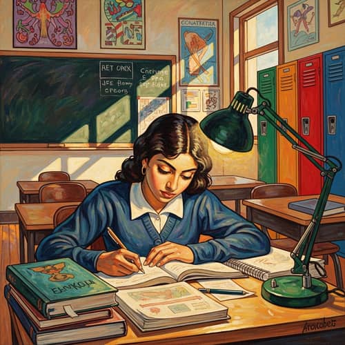 Middle-Eastern Female Student Studying in Vibrant Art Nouveau Style