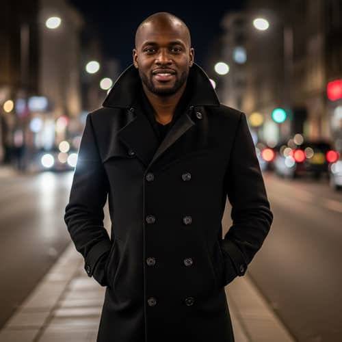 Mysterious African Man in Long Trench Coat | Night City Lights