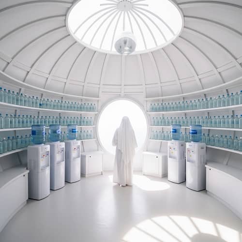 Elegant Round Room with Water Coolers and Bottles