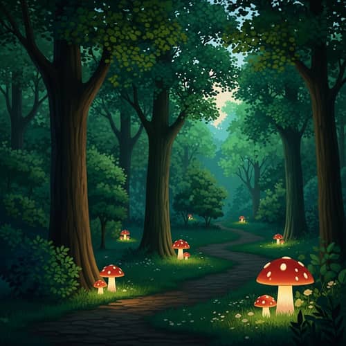 Serene Forest with Majestic Trees and Mushroom-Shaped Lamps