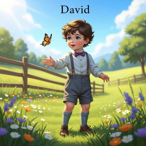 Charming Scene of Little David Chasing Butterfly in Sunny Meadow