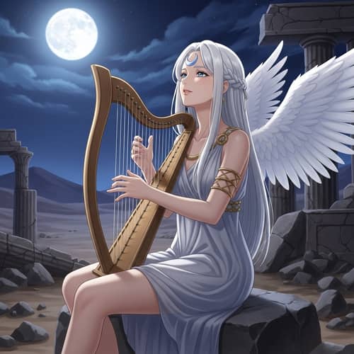Anime Style White-Haired Harp Player in Serene Moonlit Scene