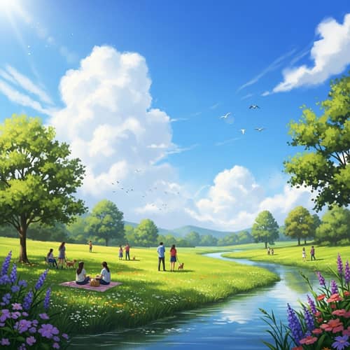 Tranquil Day in Vibrant Meadow: Birds, Trees, and Diversity