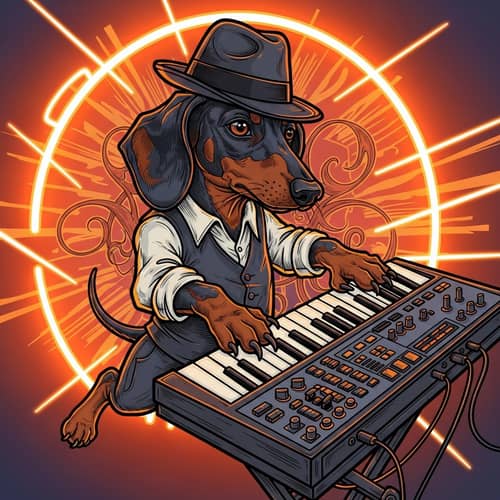 Cartoon Dachshund Musician Playing Keyboard in Bold Art Nouveau Style