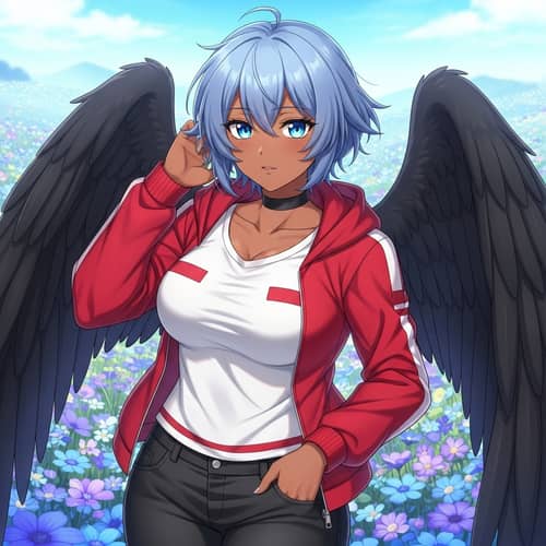 Anime-Style Teenage Character with Blue Hair and Wings in Meadow
