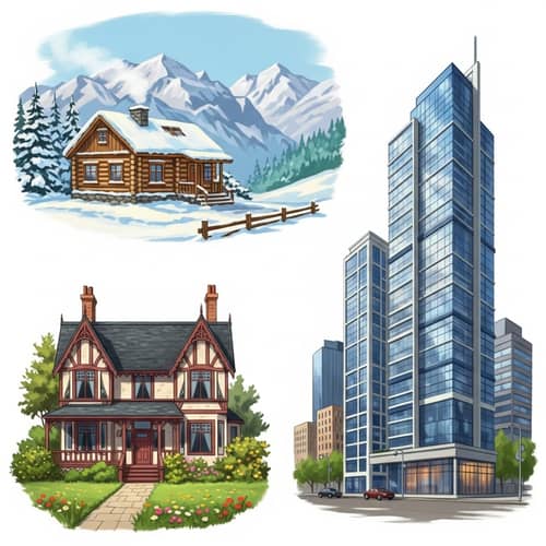 Rustic Log Cabin, Modern Skyscraper, Victorian Cottage